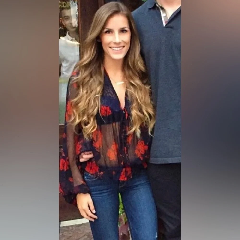 Free People Navy and Red Floral Sheer Blouse
